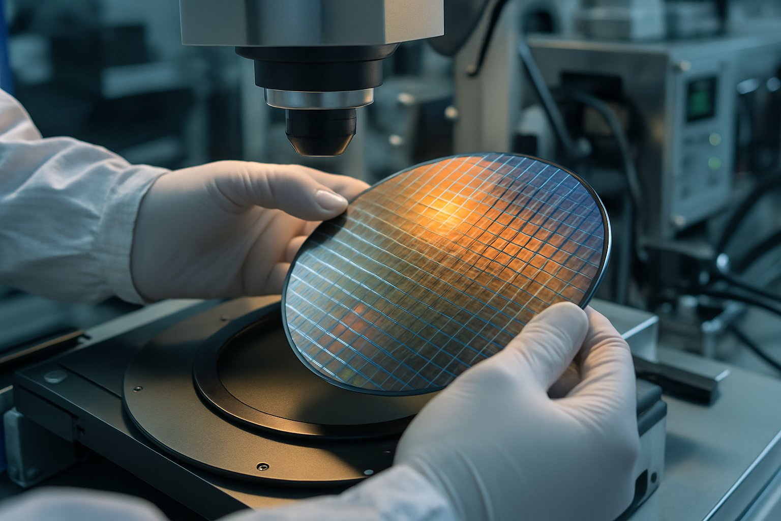 Engineer analyzing silicon wafers in a lab for Silicon Market Competition insights.