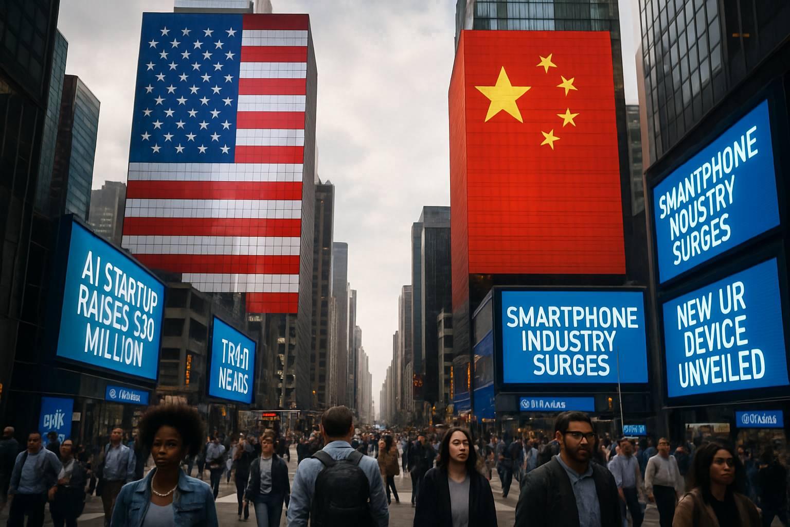 Geopolitical Race visualized by US and China skyscrapers in modern city.