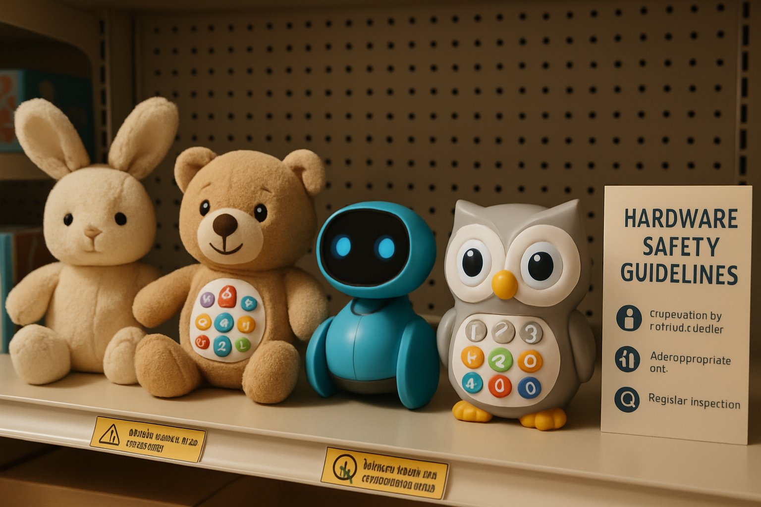 Retail display of smart toys referencing hardware safety standards.