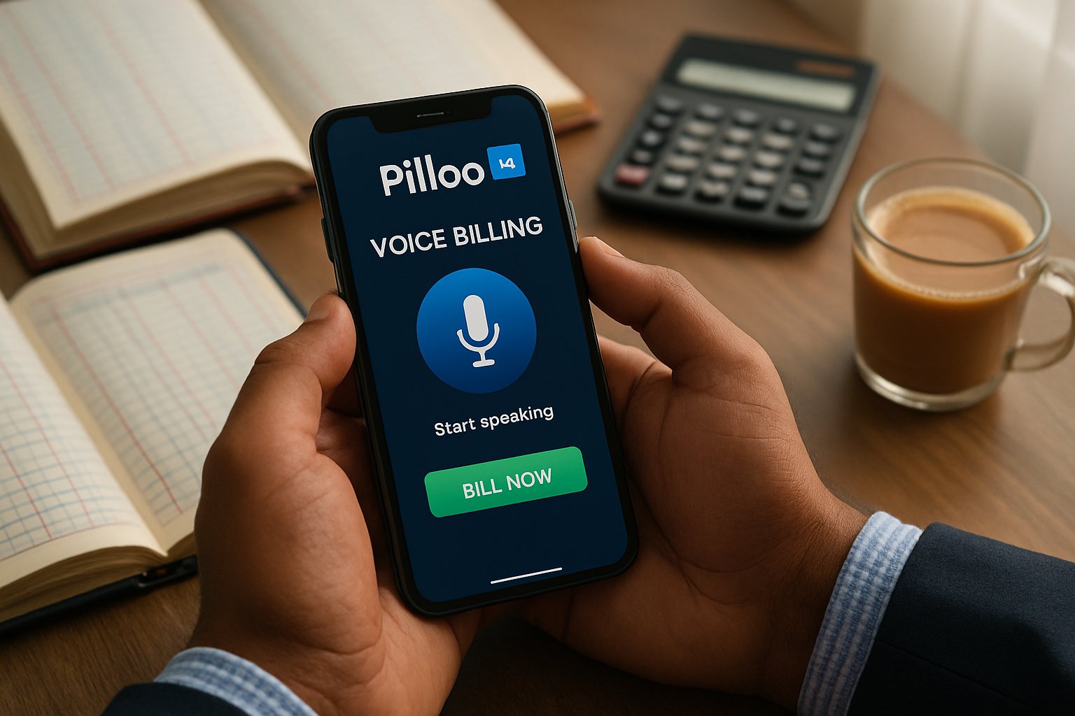Business owner using Pilloo AI Launch app for accounting tasks