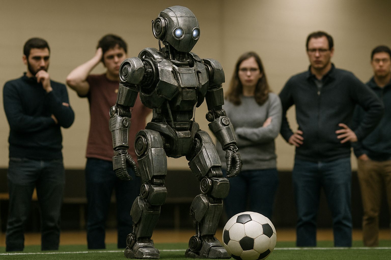 AI Robotics soccer robot on arena floor with concerned team.