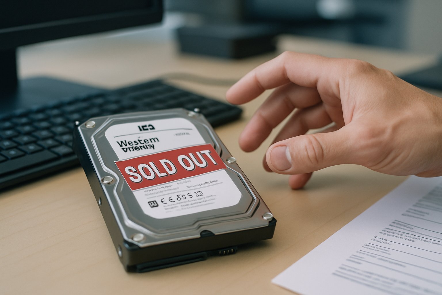 Western Digital HDD with sold out sticker illustrates the HDD Sold-out market warning.