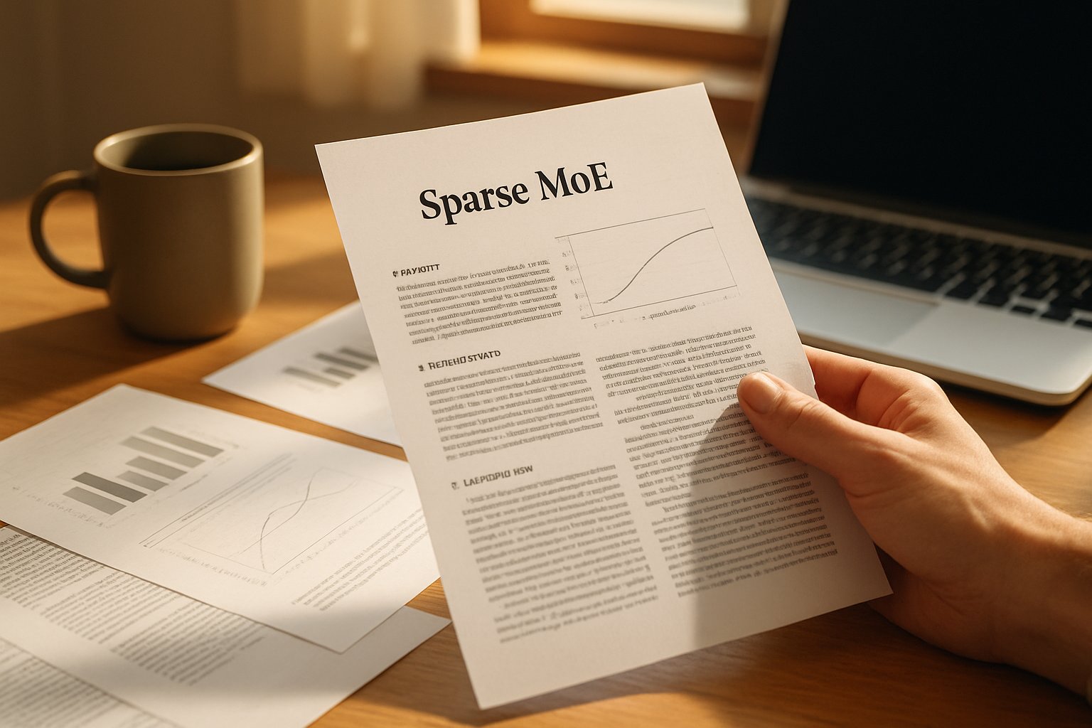 Researcher reviewing Sparse MoE documentation at a sunlit desk.