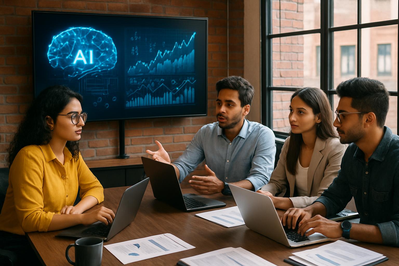 Tech founders discussing strategies during VC AI Boom in a coworking space.