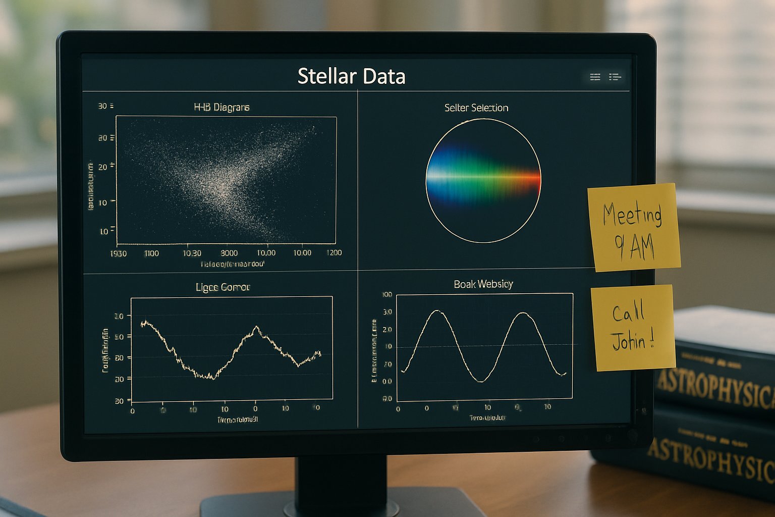 Machine Learning Stellar Research visualized on computer screen with astrophysical data charts