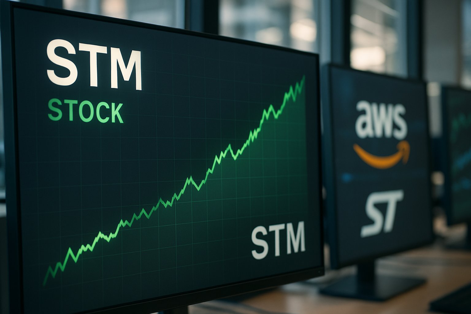 STM Stock Performance spike displayed on a trading screen after AWS deal.