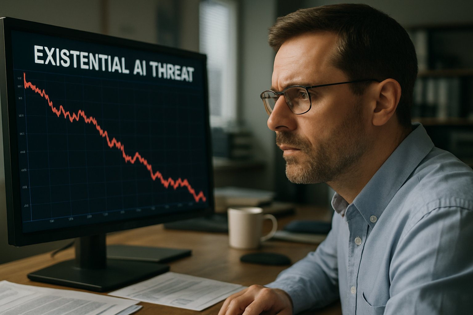 Finance professional monitors dramatic stock plunge due to Existential AI Threat.