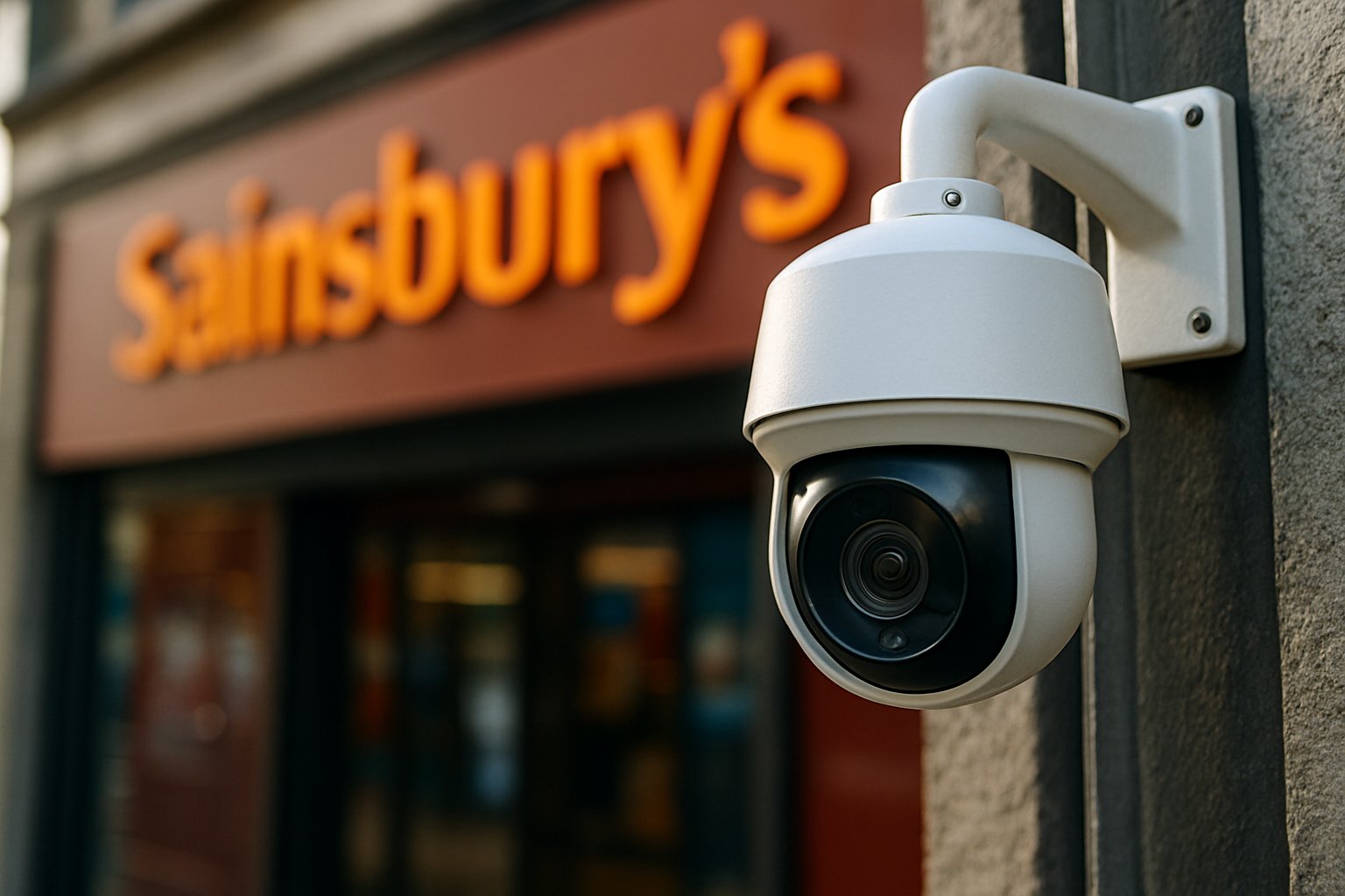 Surveillance camera mounted outside a Sainsbury’s retail store in the UK.