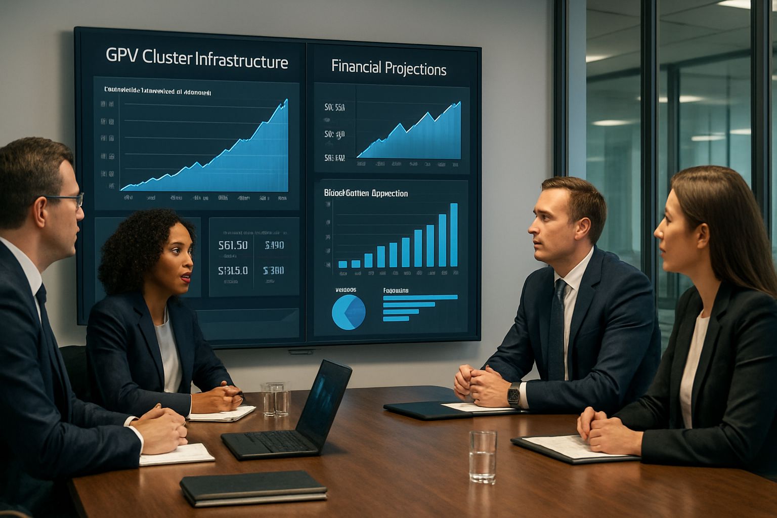 Executives review GPU Cluster Infrastructure Surge projections in an office setting.