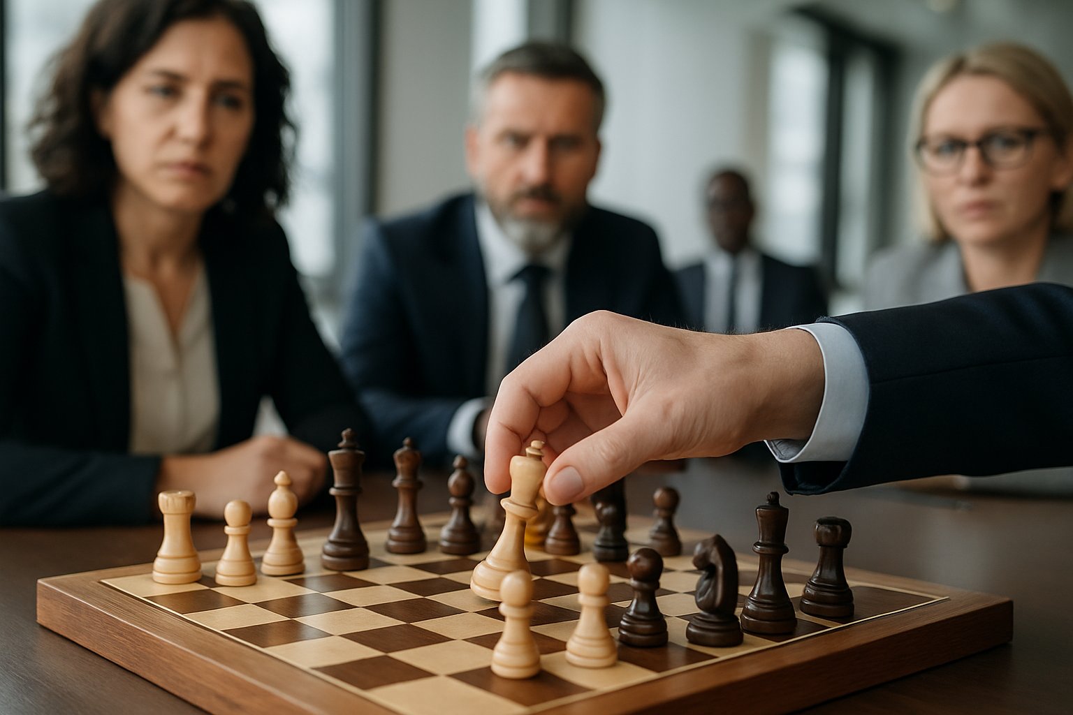 Business team planning Venture Realignment with chess strategy metaphor.