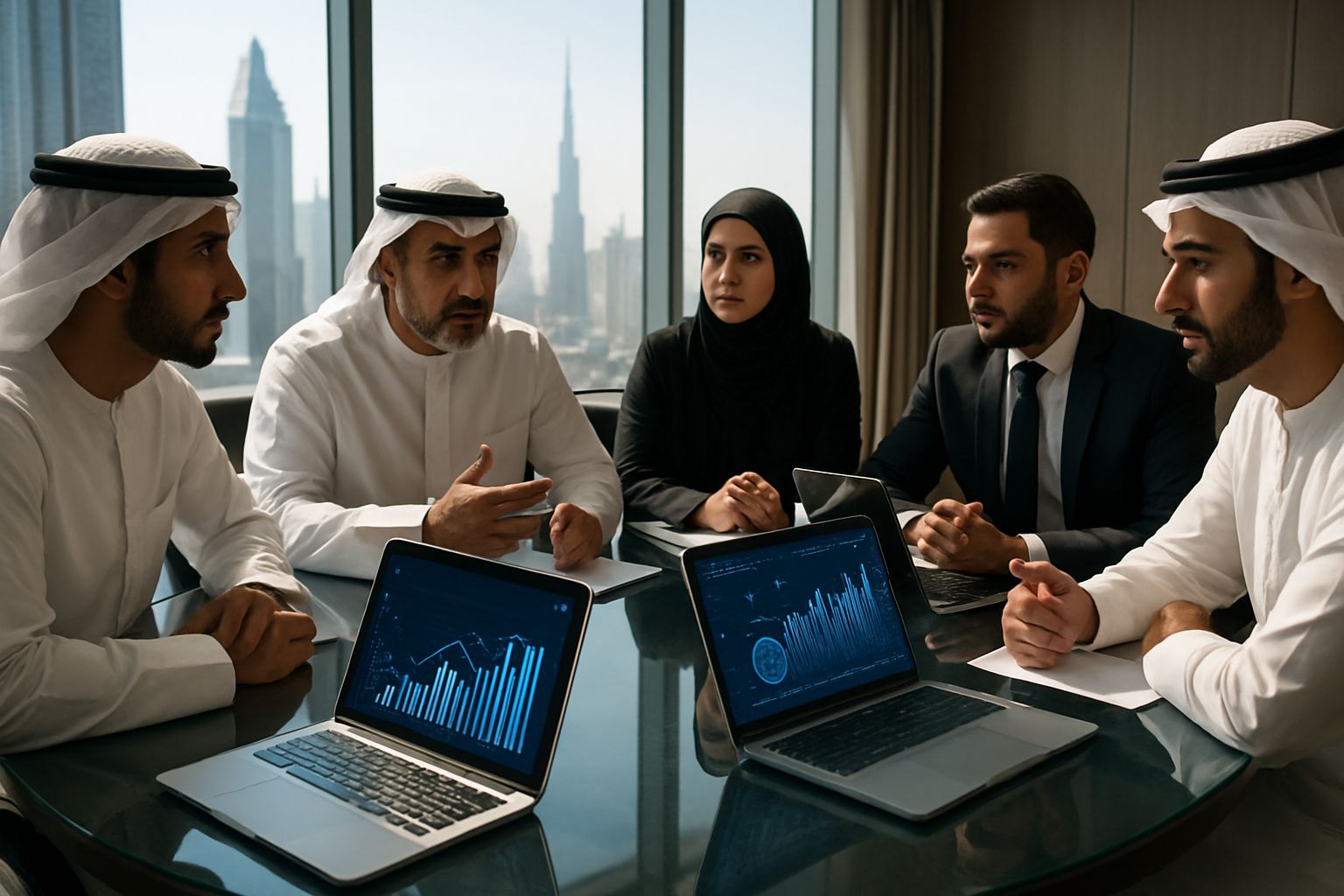 Middle East Tech Scaling leaders discussing Nvidia GPU strategies in a realistic boardroom setting.