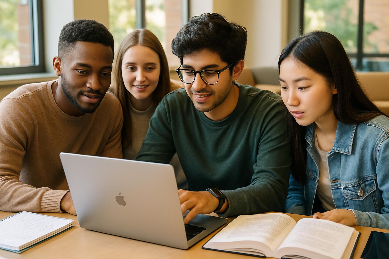 Students collaborating on an AI Higher Education project in a university lounge