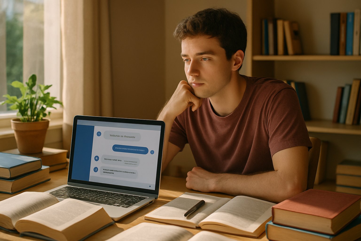 Student grappling with the AI Education Conflict while studying at home.