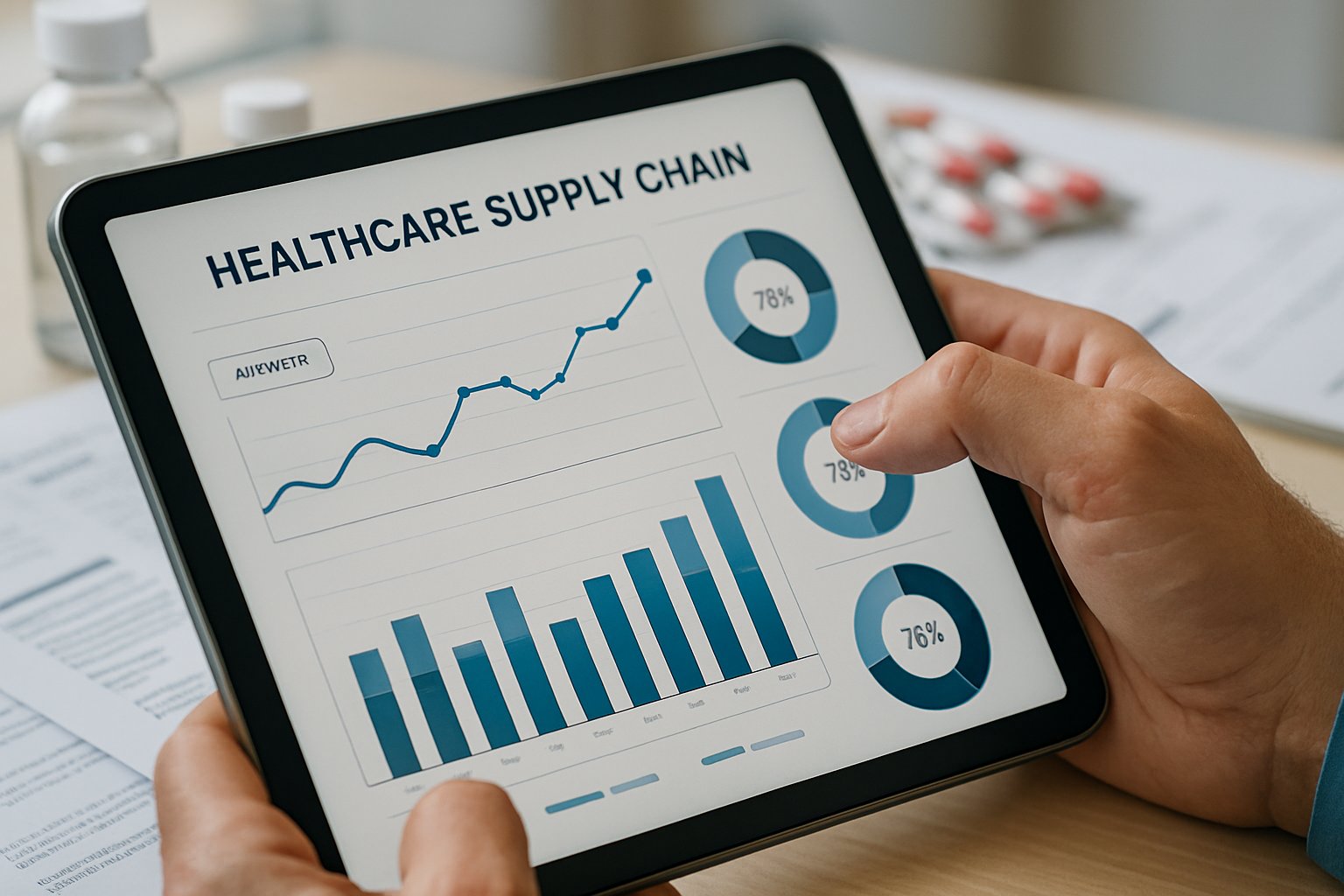 Tablet analytics dashboard illustrating Healthcare Supply Chain improvements.
