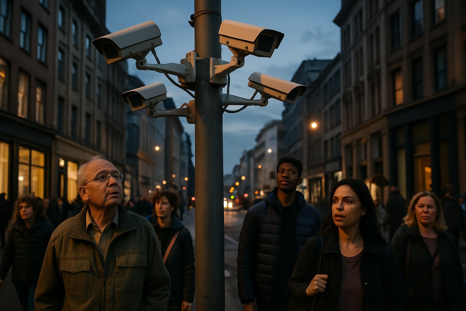 Facial Recognition surveillance cameras watching people in urban city setting.