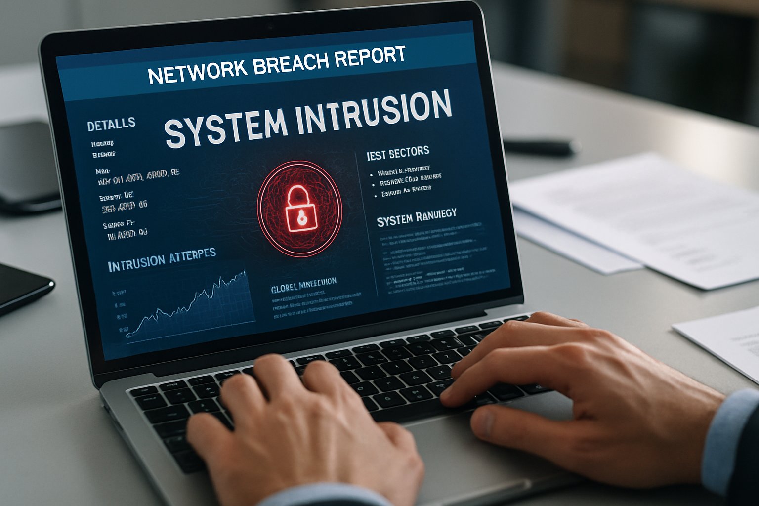 Close-up of System Intrusion report on a laptop at modern workspace