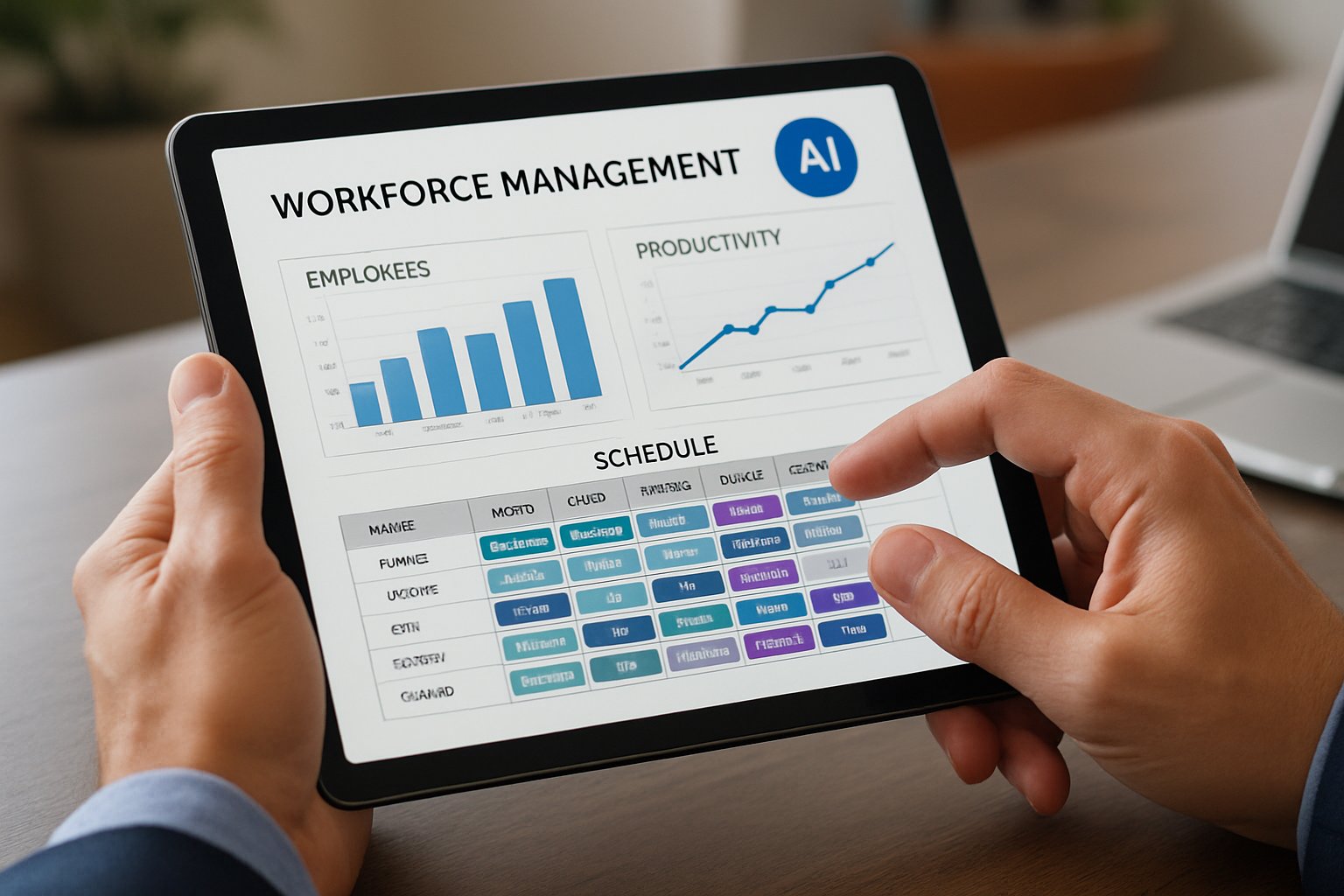Employee managing tasks with AI Workforce Automation software on a tablet