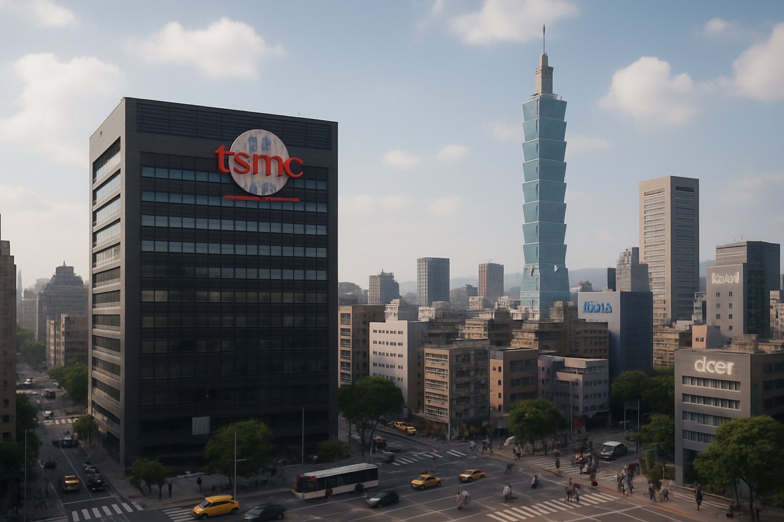 Semiconductor Geopolitical Risks illustrated by Taipei city skyline and major tech industry buildings.