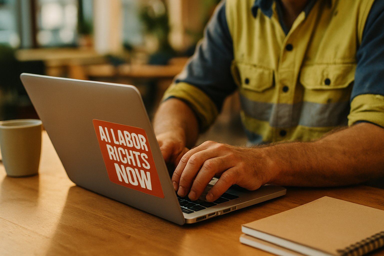 Hands typing on laptop advocating for AI Labor Movement rights.