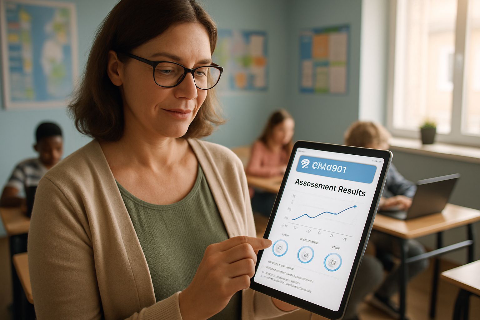 Teacher using Chatbot Student Assessment reports in classroom.