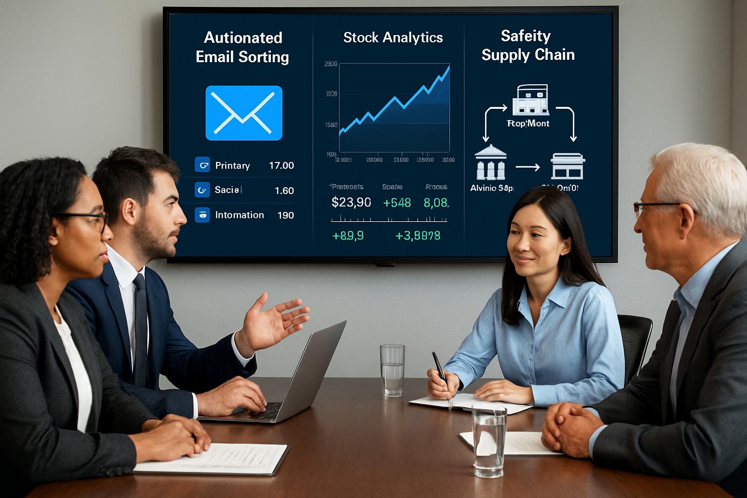 Agentic Autonomy enables email and stock automations in a collaborative business meeting setting.