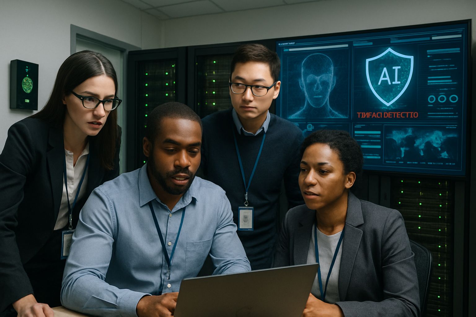 IT team using AI Security analytics to detect deepfake threats in server room