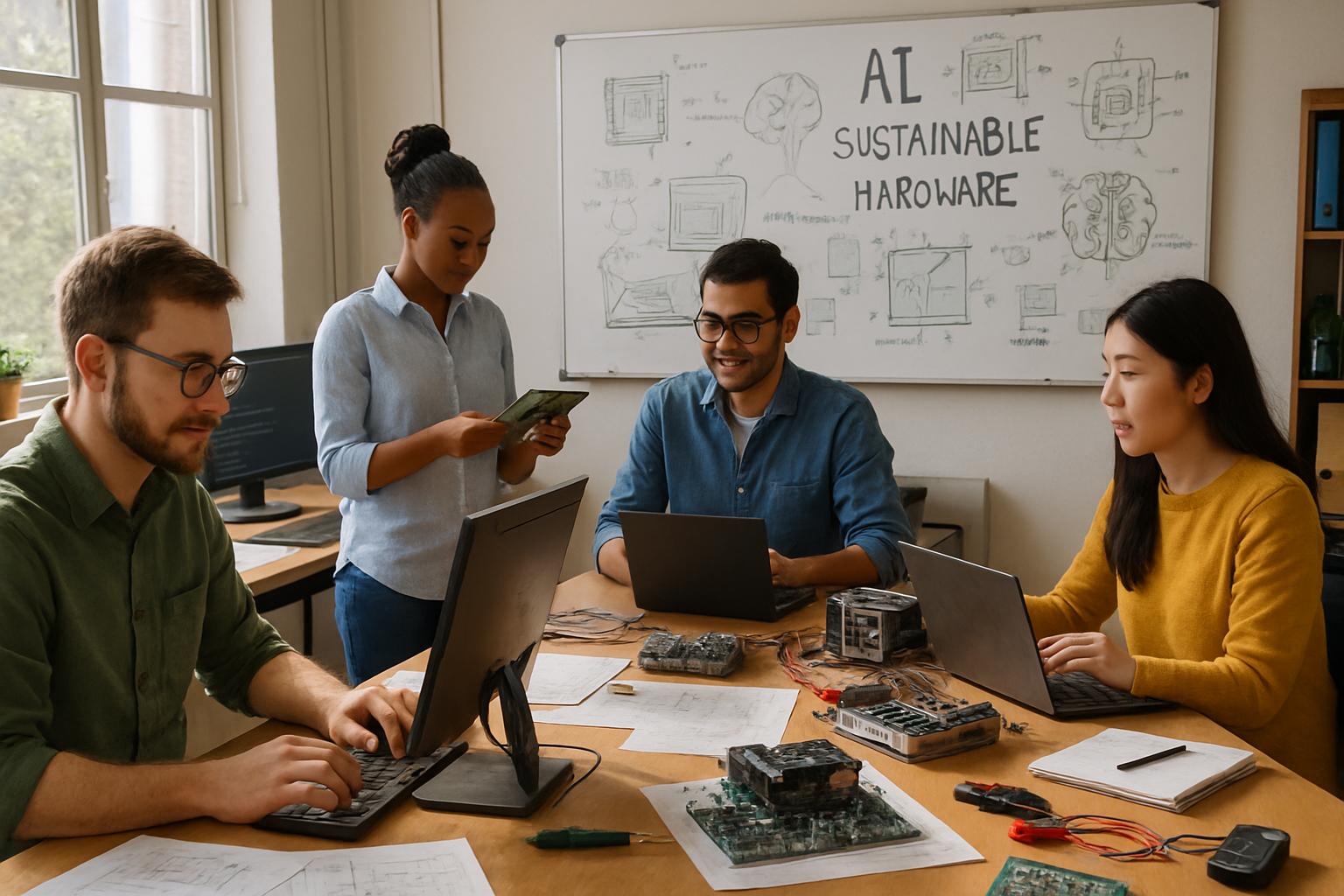 Engineers collaborating on AI Sustainable Hardware in a modern office.