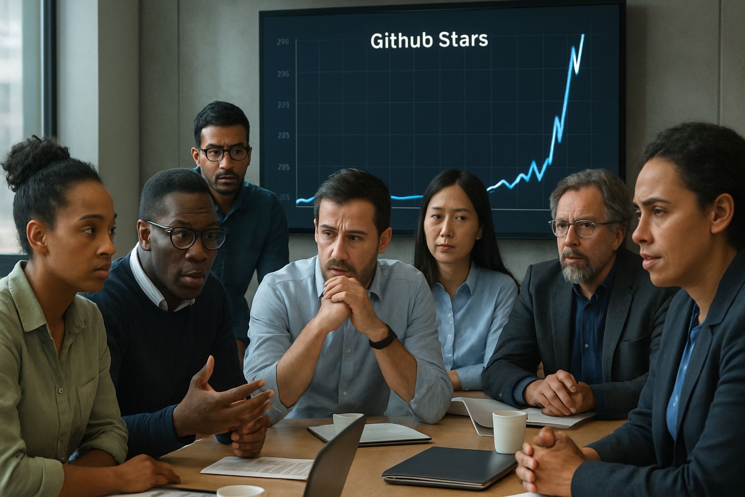 Tech team reviewing chart during GitHub Stars Controversy meeting.