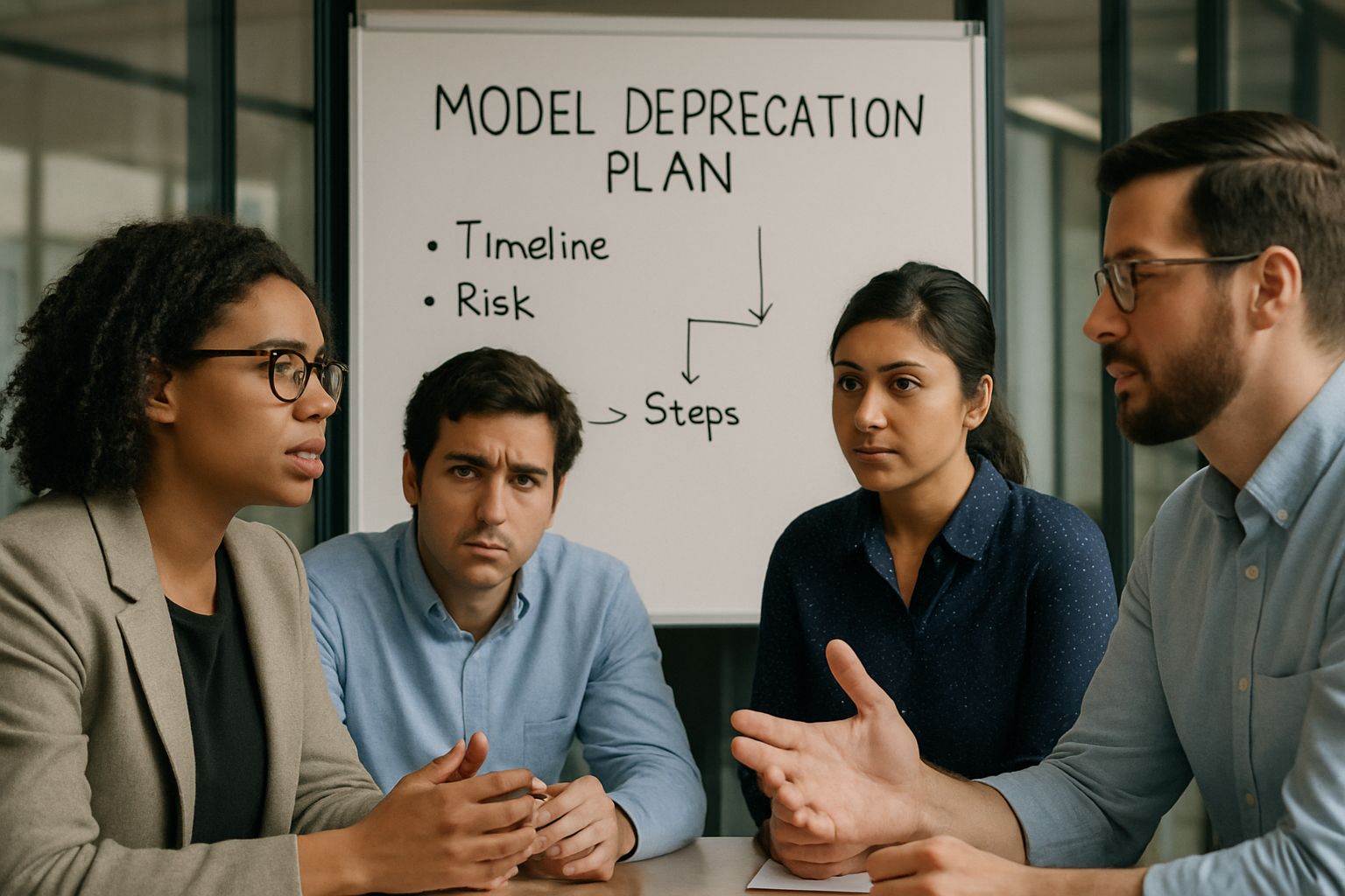 Team planning around Model Deprecation strategy in realistic office meeting