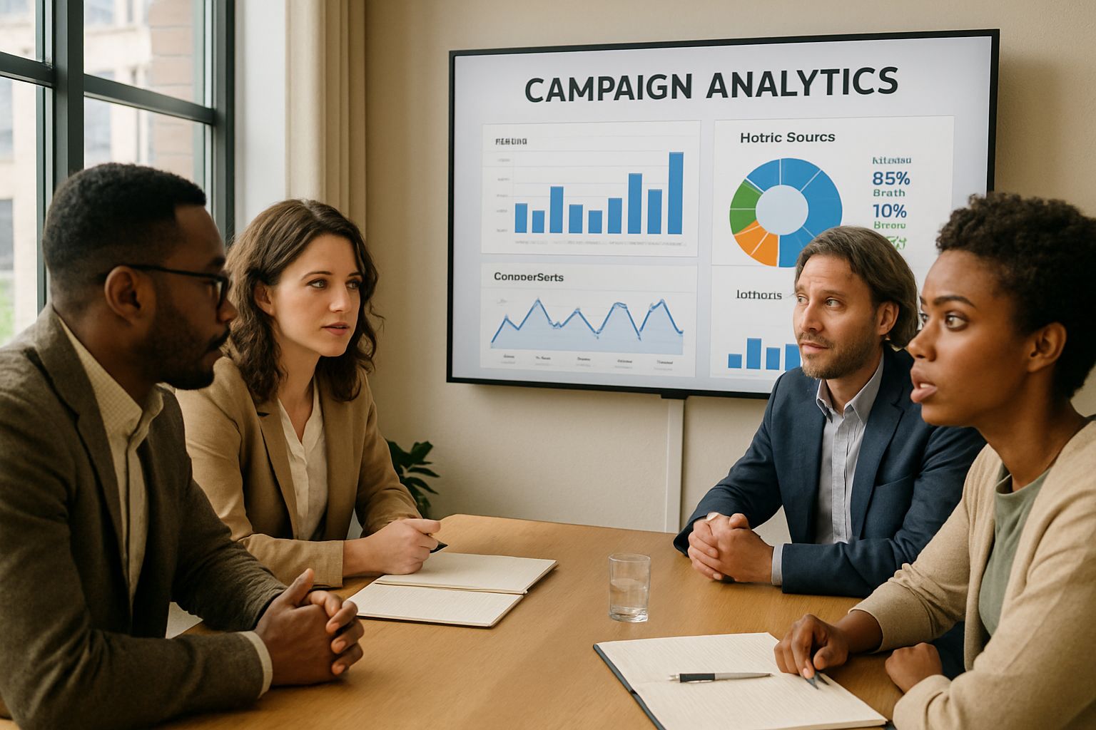 Marketing team analyzes AI Marketing campaign transparency and results in office.