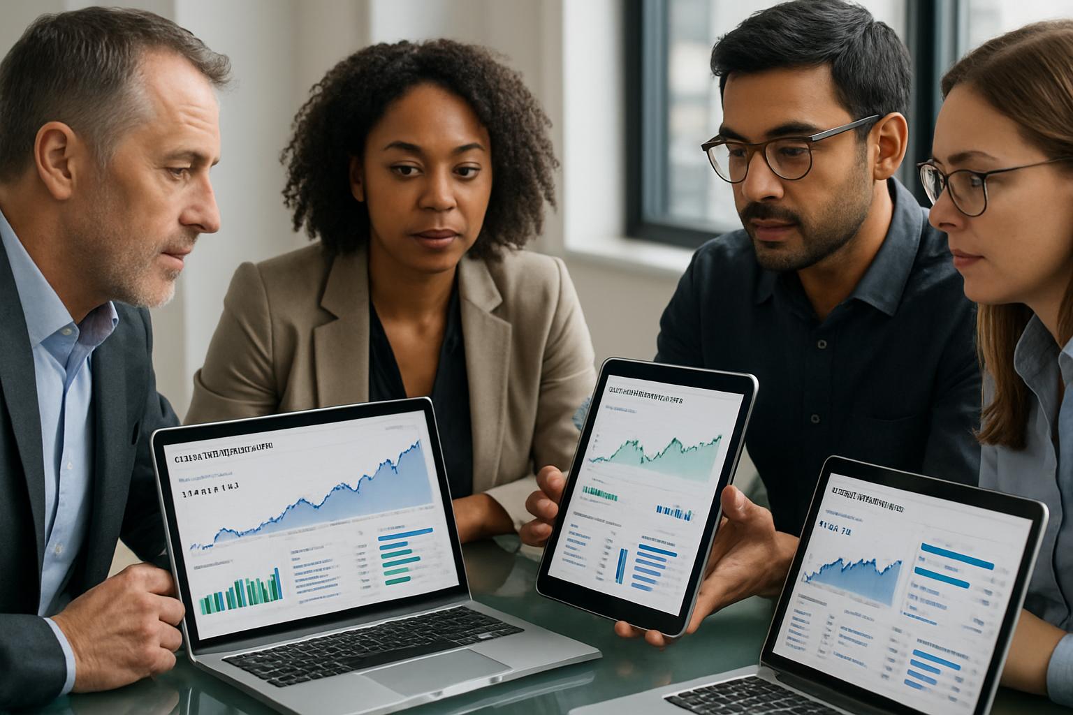 Wealth Tech team analyzing investment dashboards at a conference table