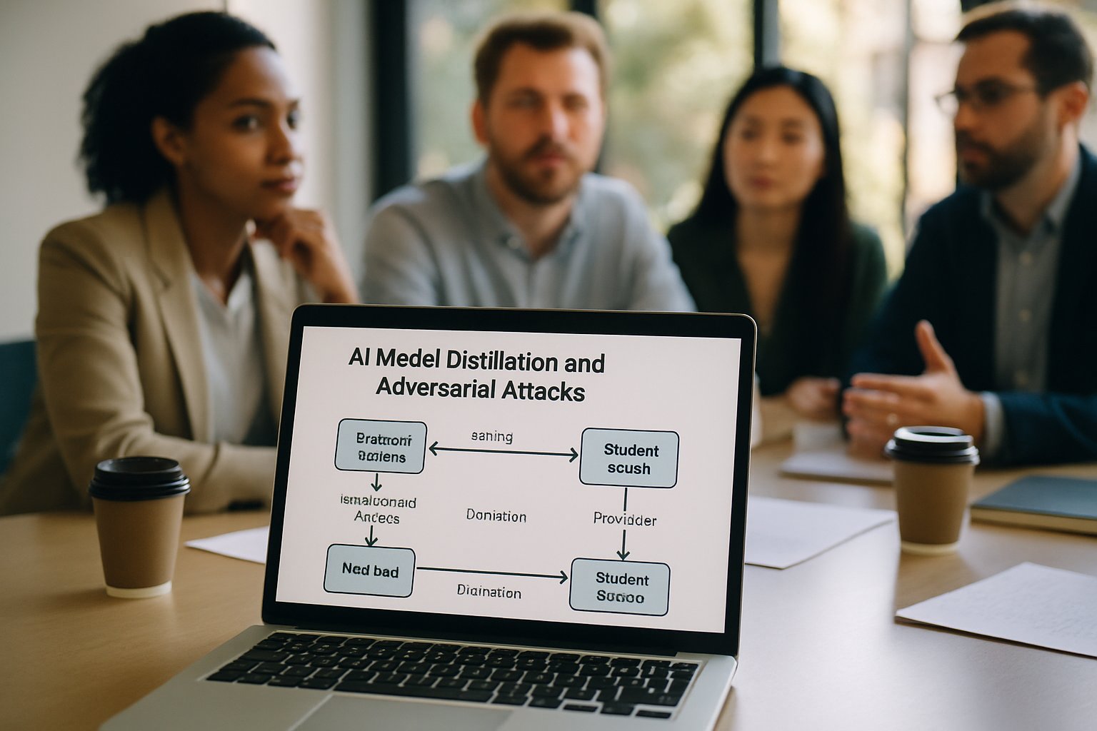 Business team reviewing Adversarial Attacks and AI model distillation risks