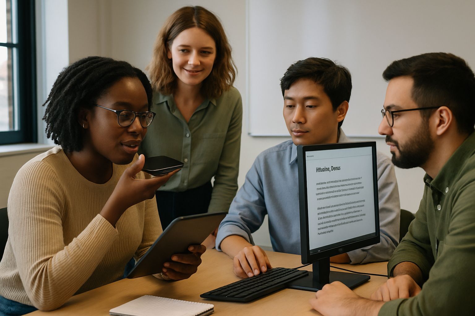 Team collaborating with cross-platform dictation technology during a meeting.