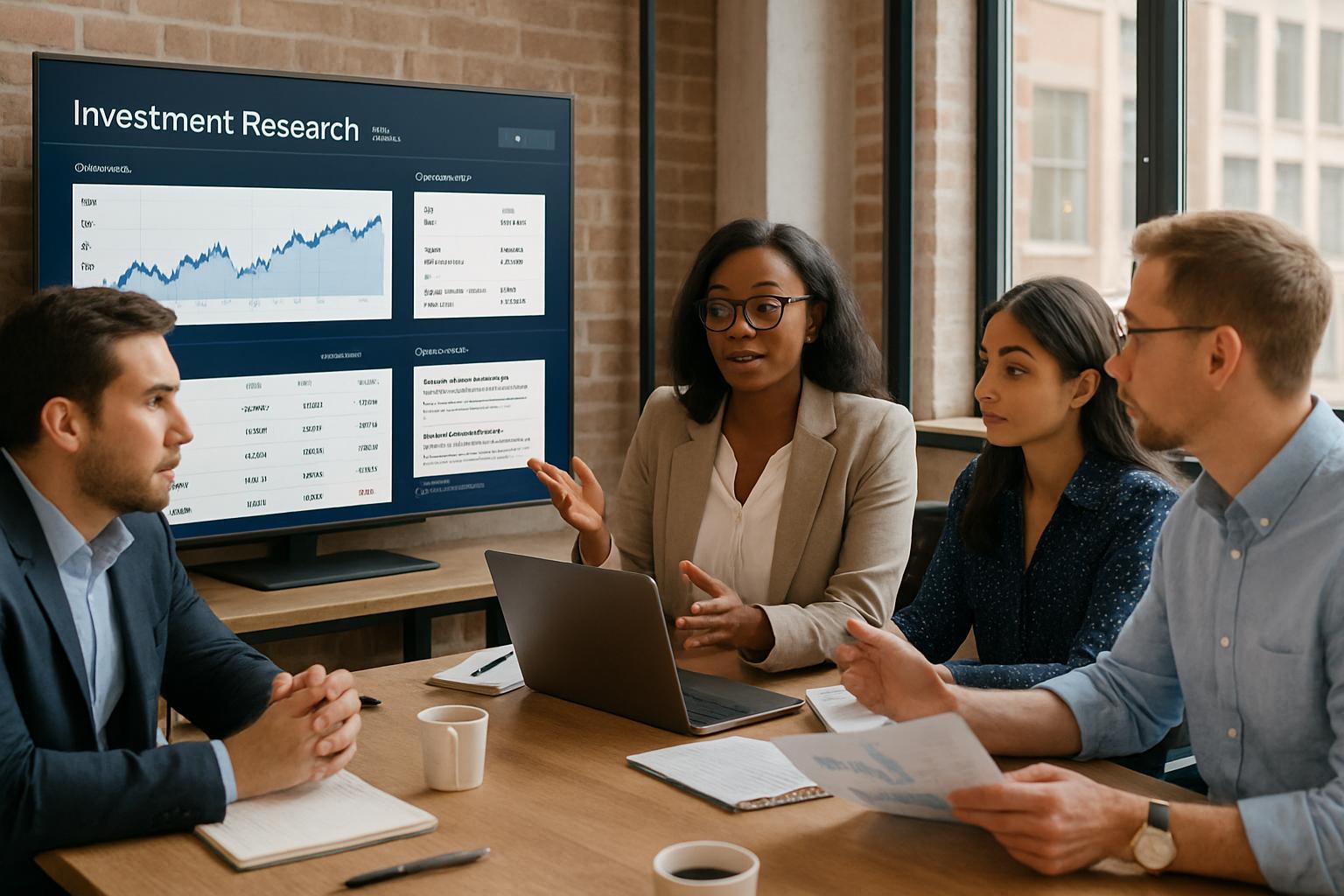 Team collaborating over Conversational Investment Research Beta interface during a meeting.