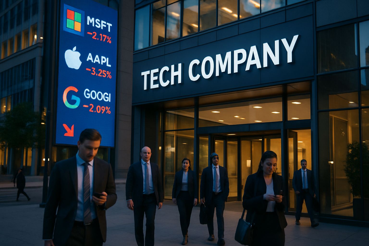 Corporate tech headquarters facing market downturn after AI shock.