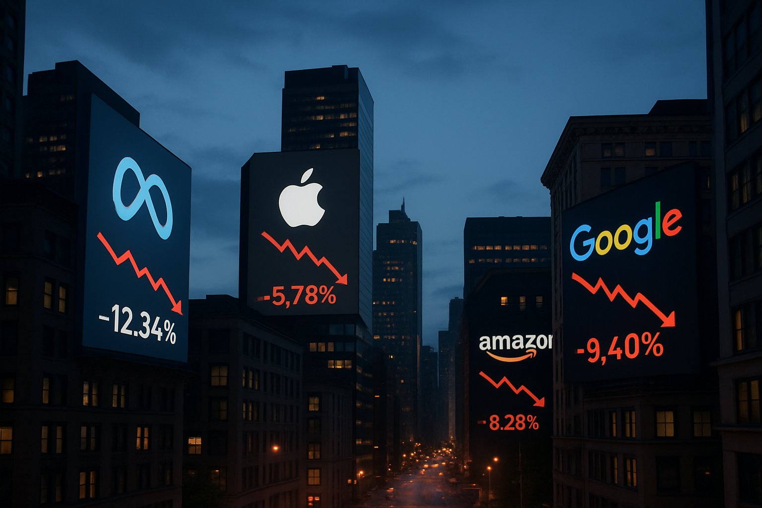 Cityscape of tech company buildings highlighting AI Economics and tech stock decline.