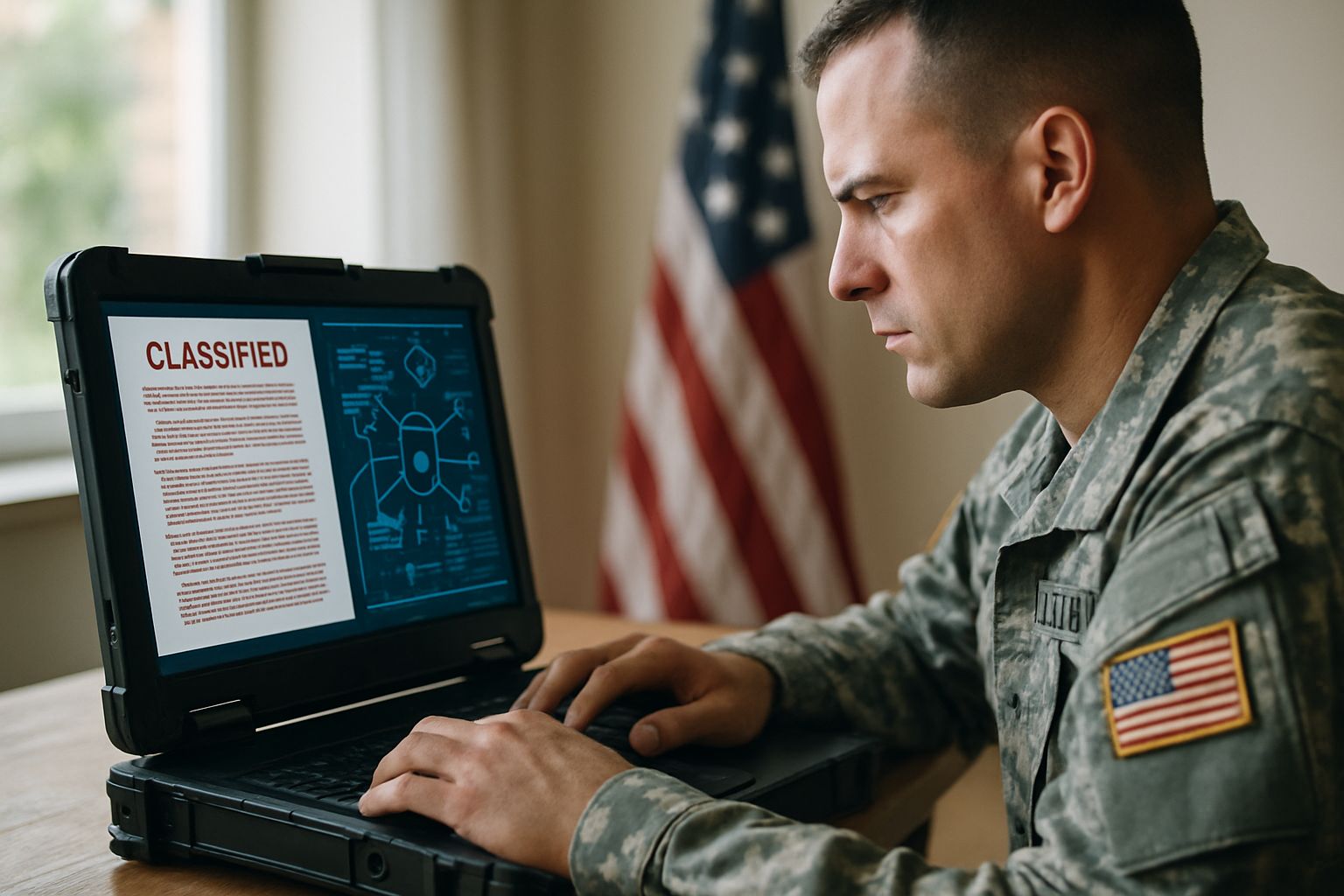 Military AI Deployment technician reviews defense AI systems on secure laptop.