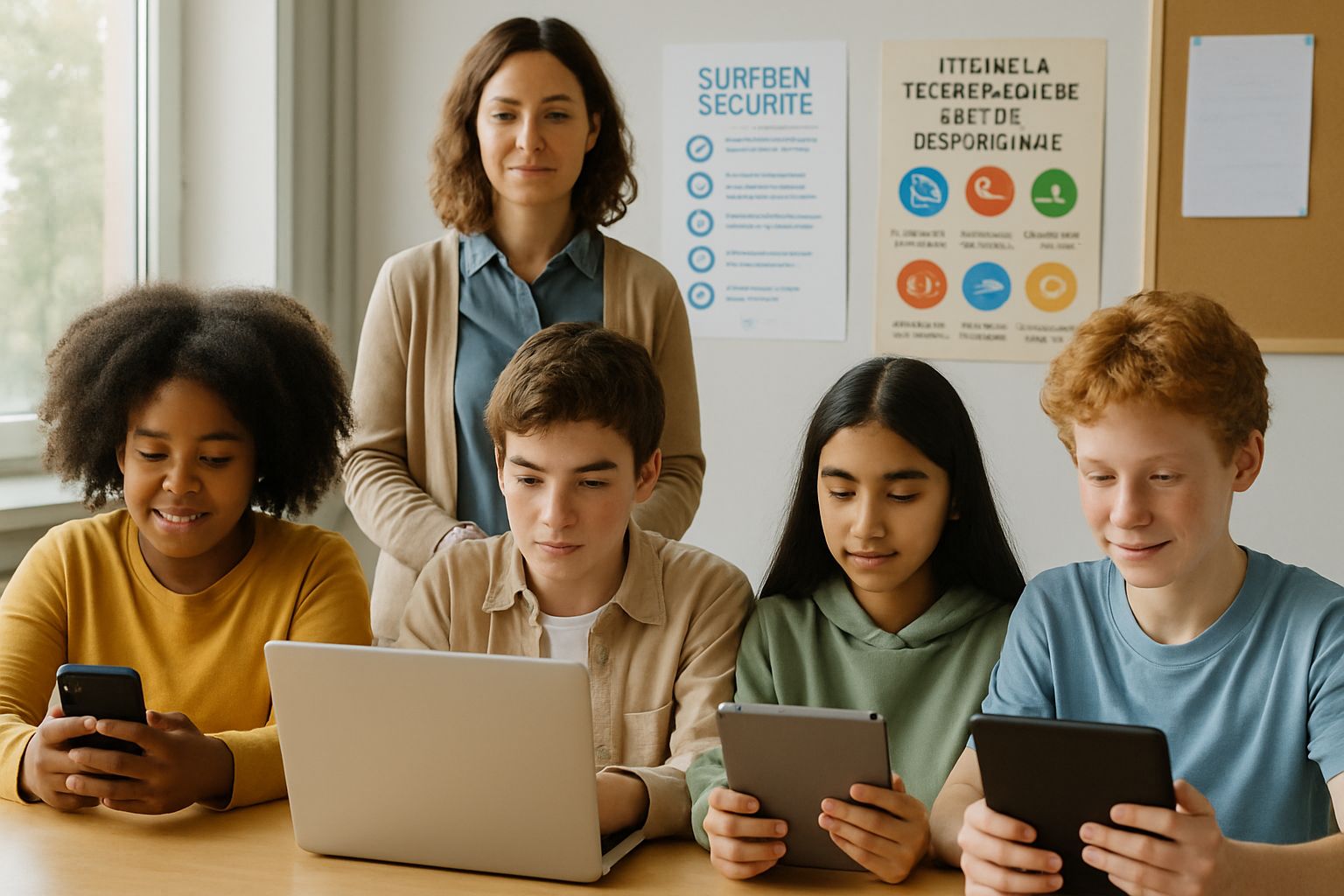 Teenagers and teacher discuss digital safety under new AI Policy at a French school.