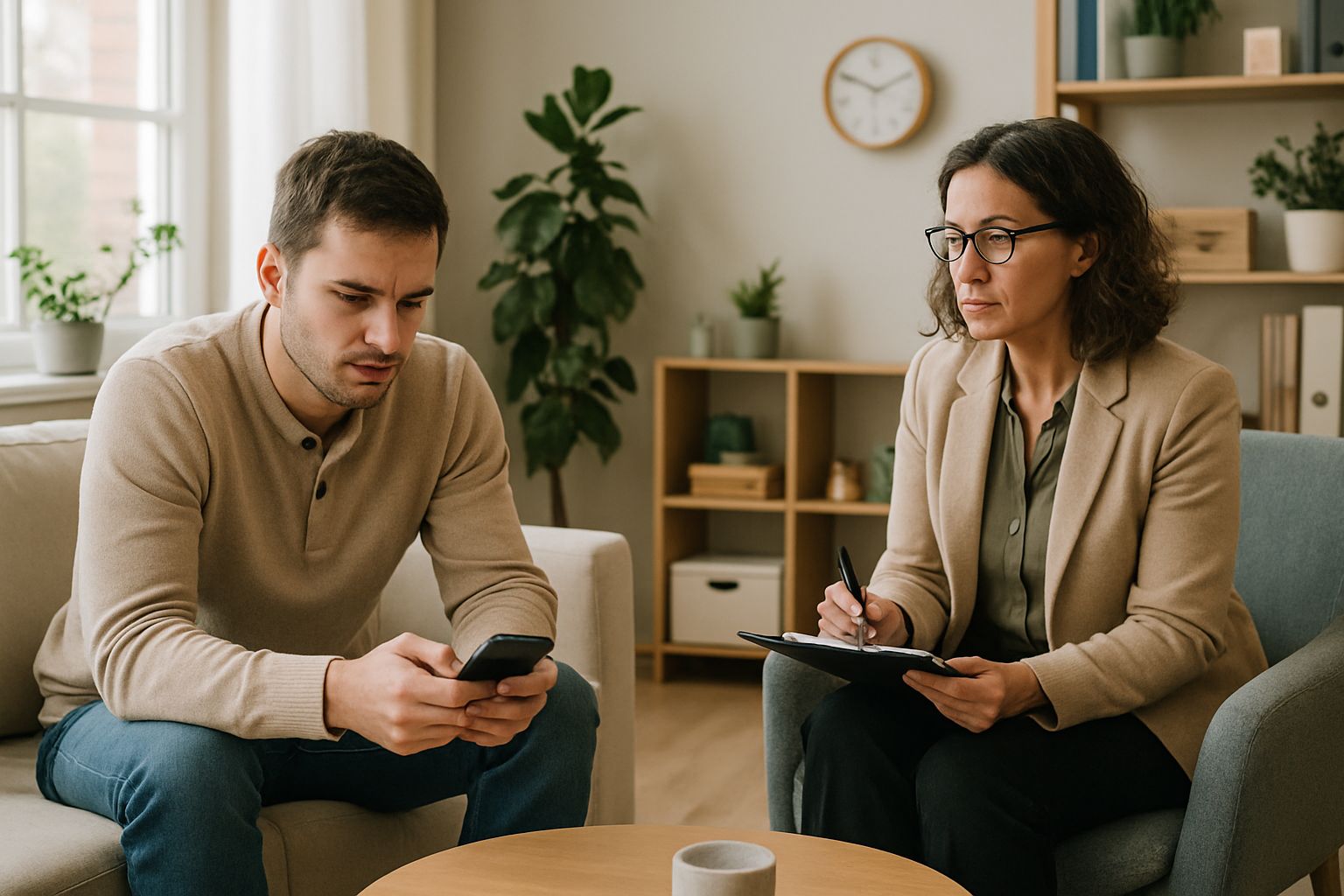 Mental Health professional observes client distracted by smartphone.