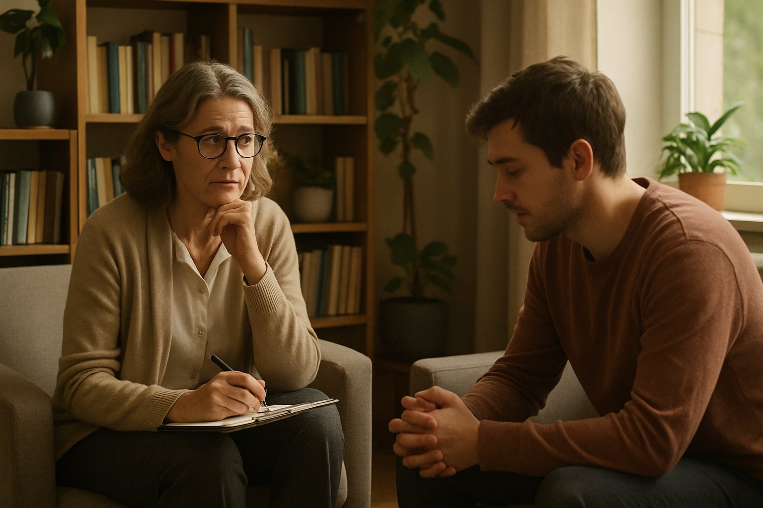 Mental Health counselor and client discussing AI psychosis impacts in therapy session.