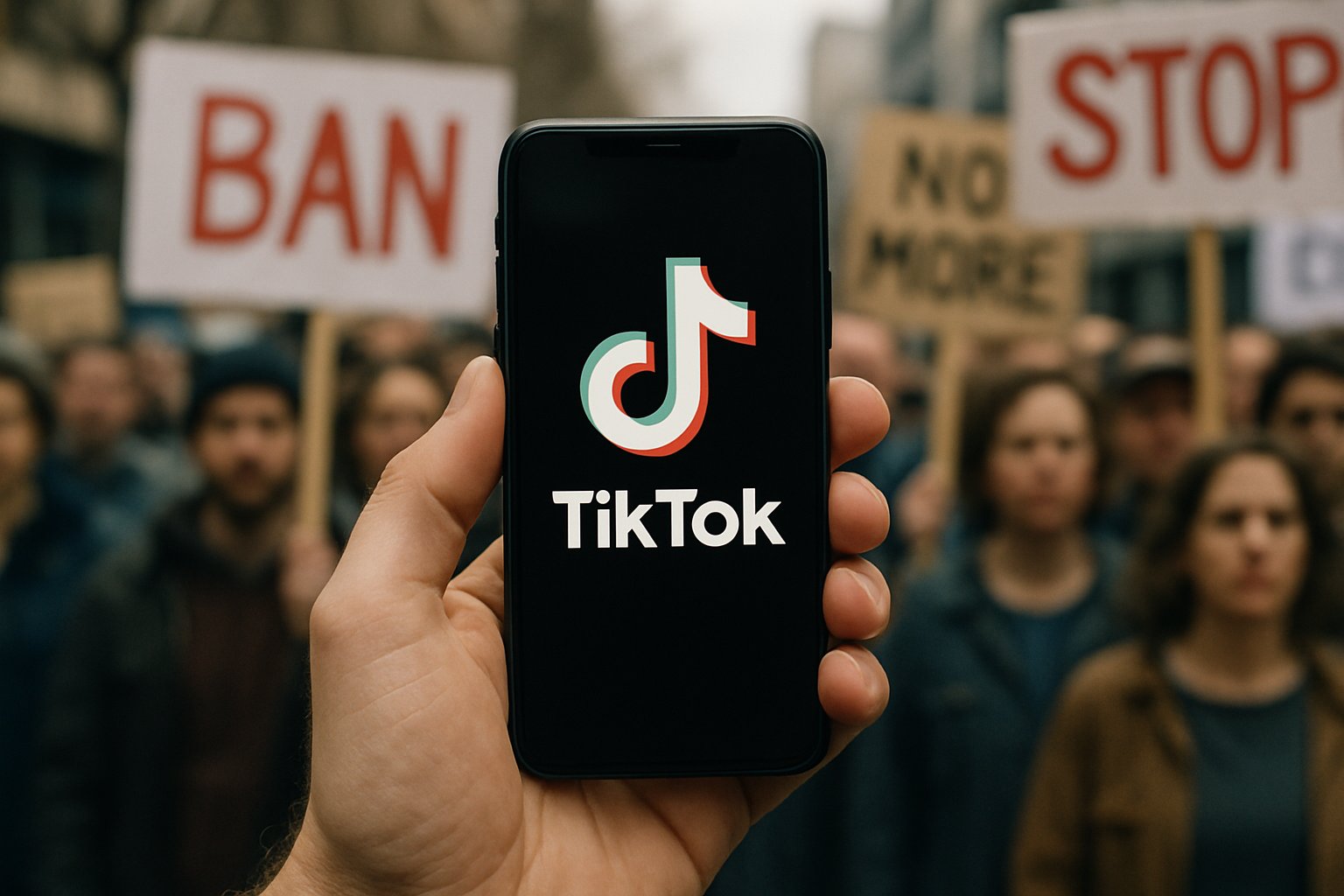 Protester holding phone during TikTok Union Protest demonstration.
