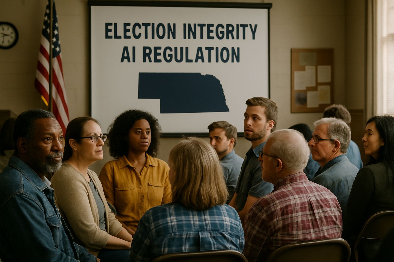 Nebraska citizens at town hall discussing Election Integrity AI Regulation.