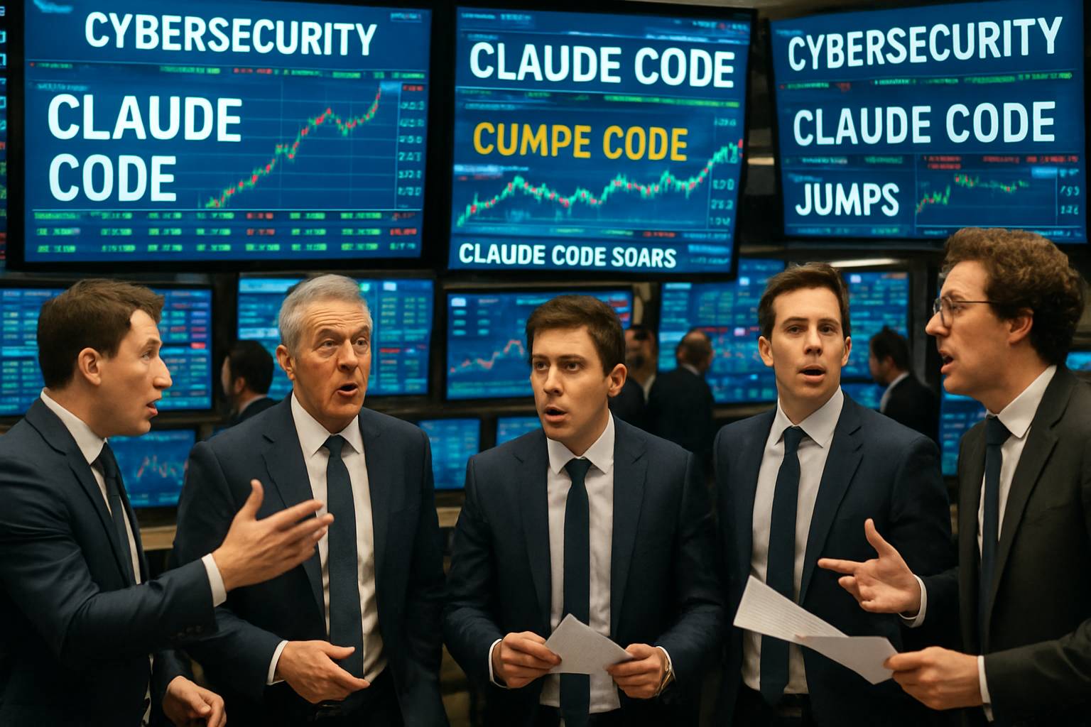 Stock trading floor reacts to Claude Code news in cybersecurity sector.