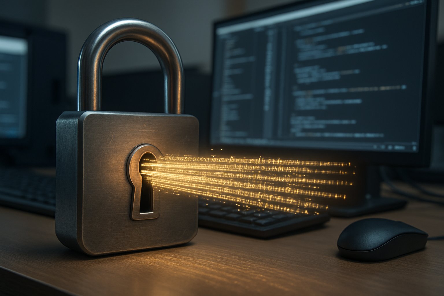 Quantum AI breaking traditional digital security represented by a breached lock.