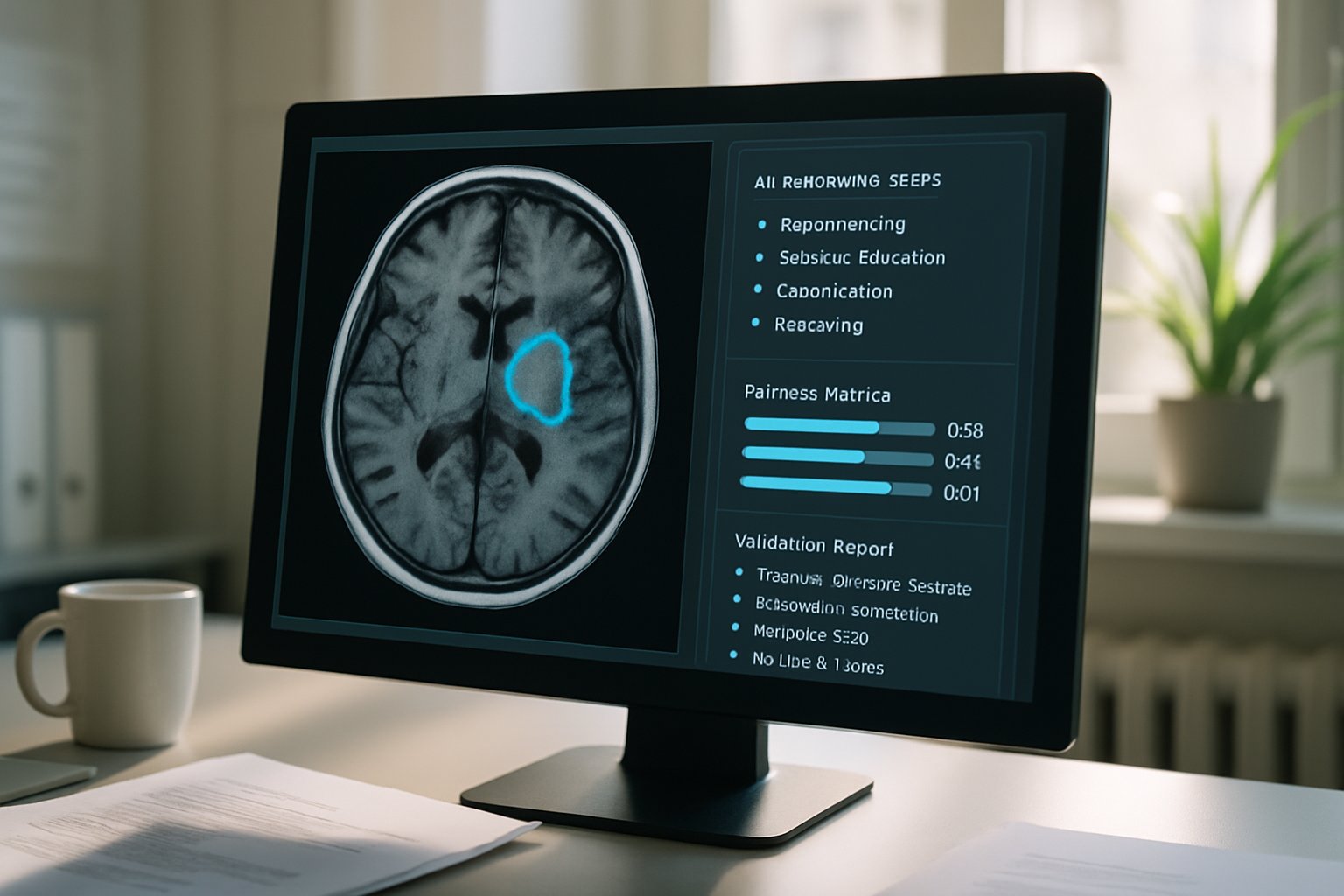 AI Transparency tools display MRI brain scans and fairness metrics on a computer screen.
