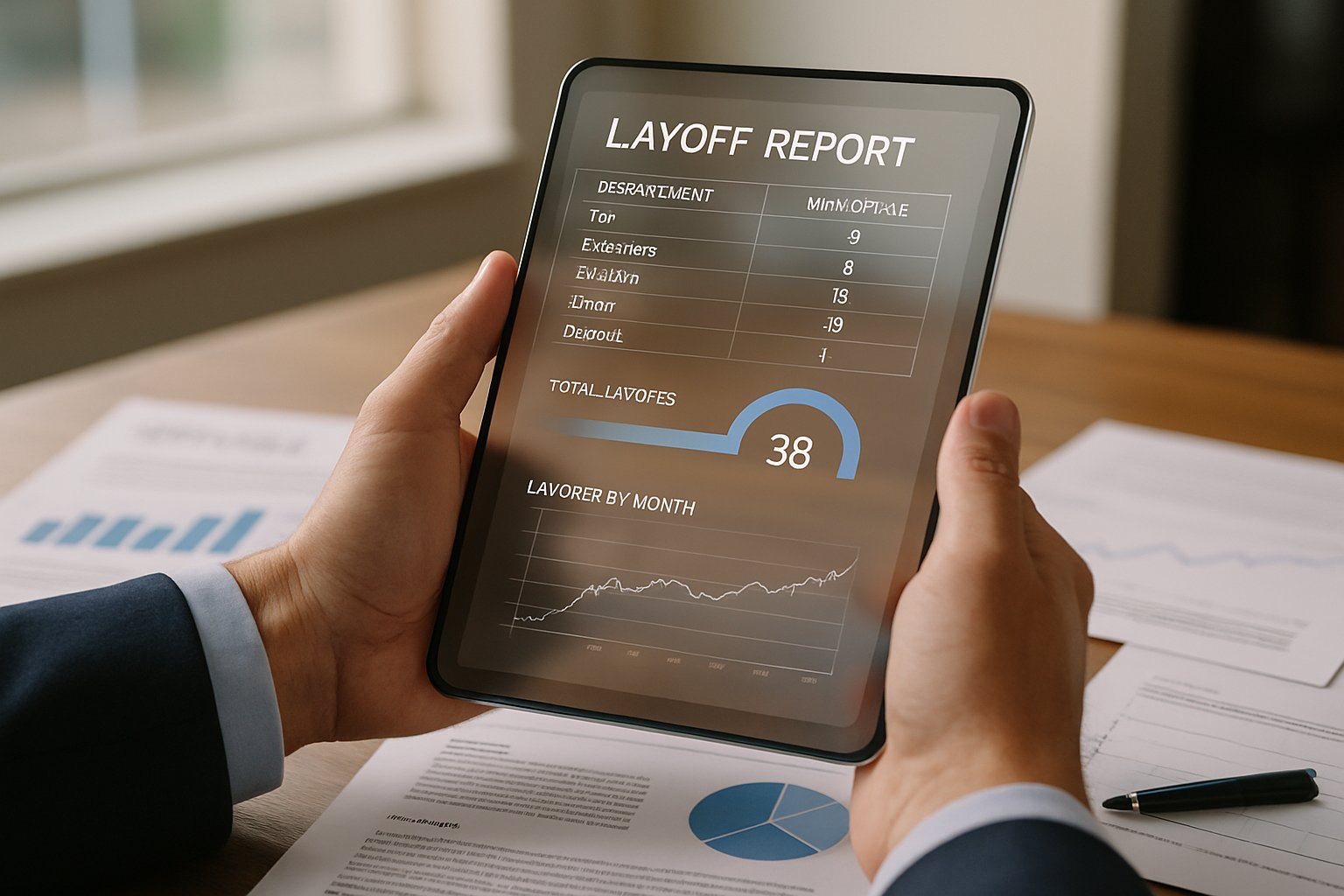 Layoff Cover data transparency visualized on workplace tablet.