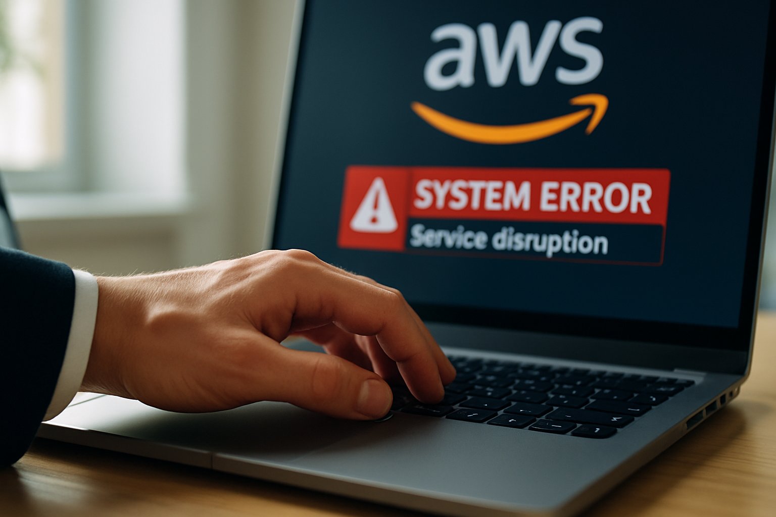 Professional quickly troubleshooting AWS service disruption on laptop during outage.