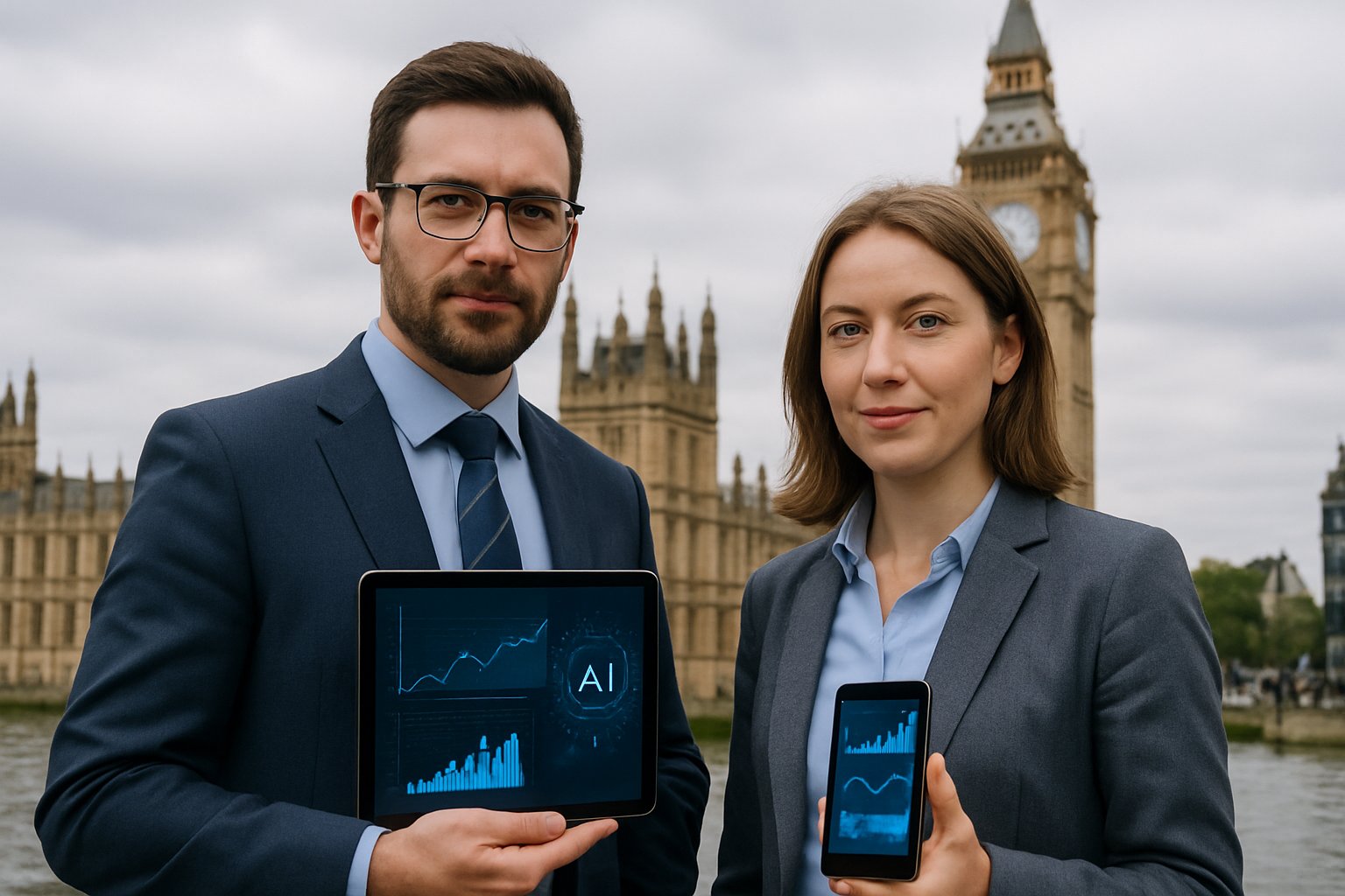 AI Government leaders reviewing AI data outside UK Parliament