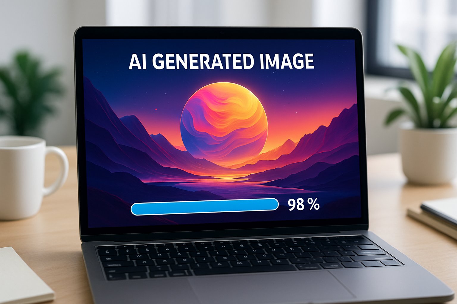 Laptop screen showing Image Generation progress and final results.