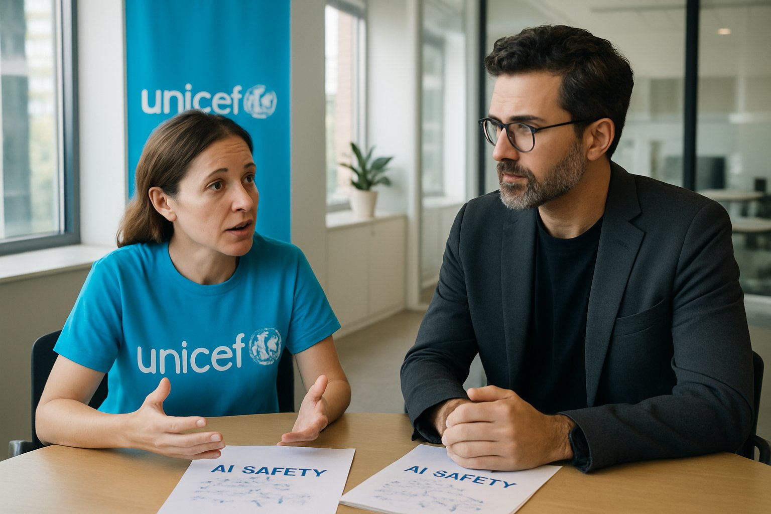 UNICEF AI Safety official collaborating with technology leader to prevent child deepfake abuse.
